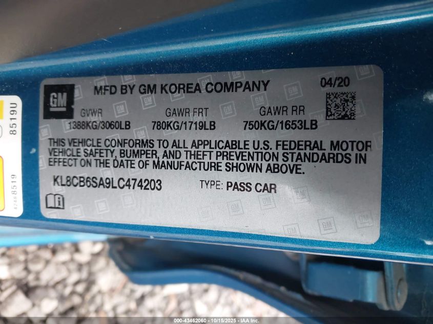 2020 Chevrolet Spark Fwd Ls Automatic VIN: KL8CB6SA9LC474203 Lot: 43462060