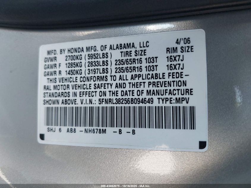 2006 Honda Odyssey Lx VIN: 5FNRL38256B094649 Lot: 43462075