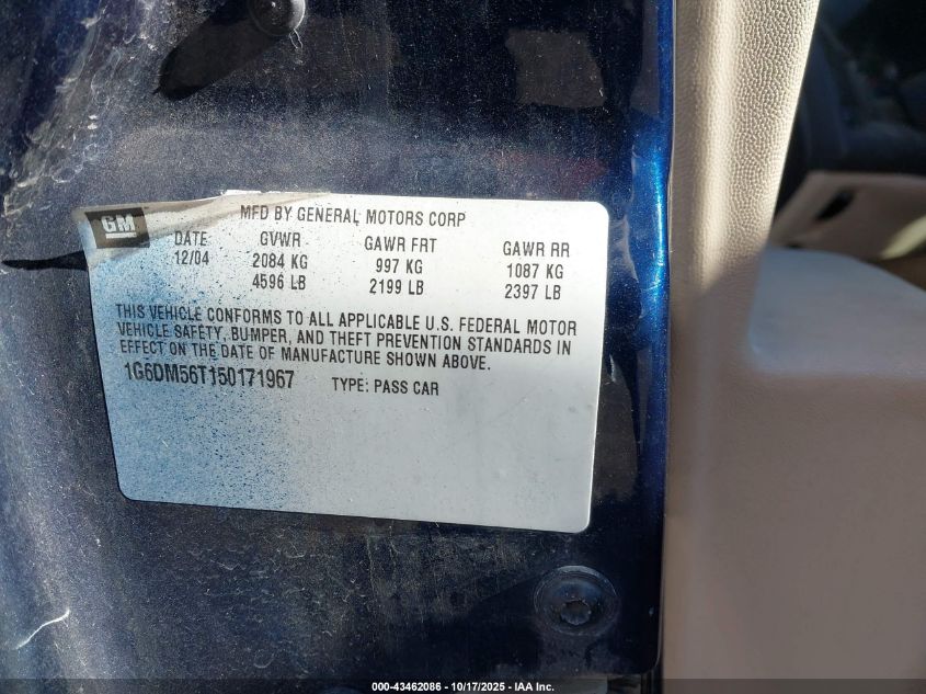2005 Cadillac Cts Standard VIN: 1G6DM56T150171967 Lot: 43462086