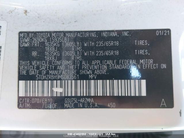 2021 Toyota Highlander Xle VIN: 5TDHZRBH9MS083561 Lot: 43462098