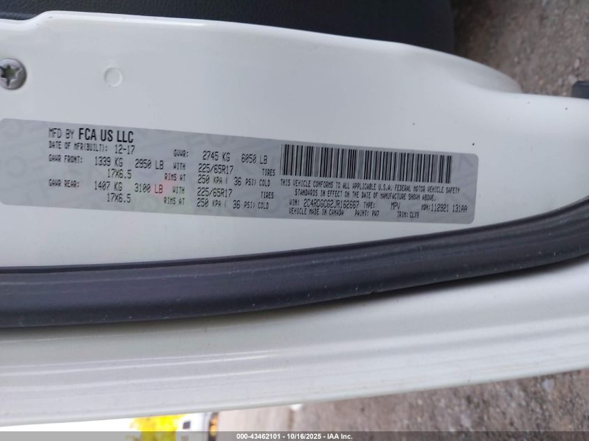 2018 Dodge Grand Caravan Sxt VIN: 2C4RDGCG2JR162667 Lot: 43462101