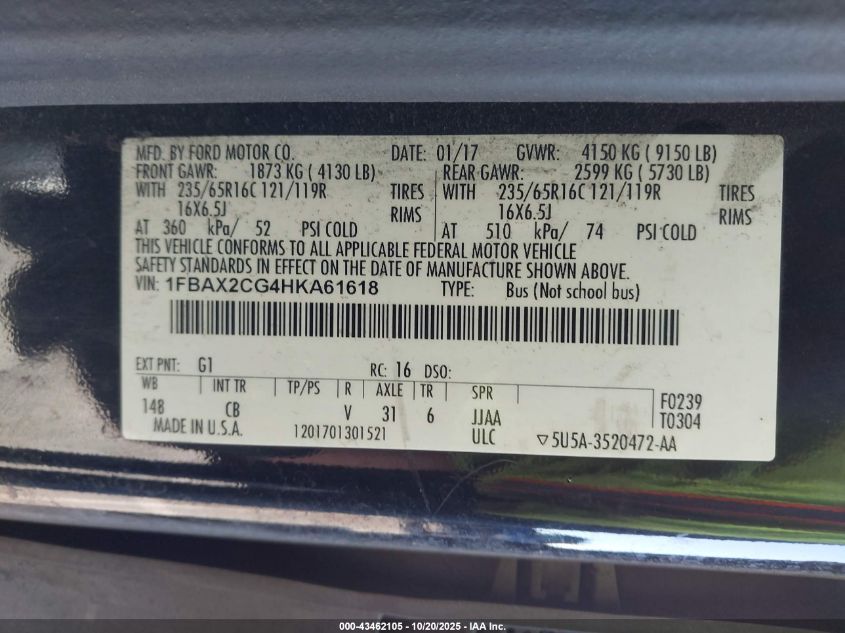 2017 Ford Transit-350 Xlt VIN: 1FBAX2CG4HKA61618 Lot: 43462105