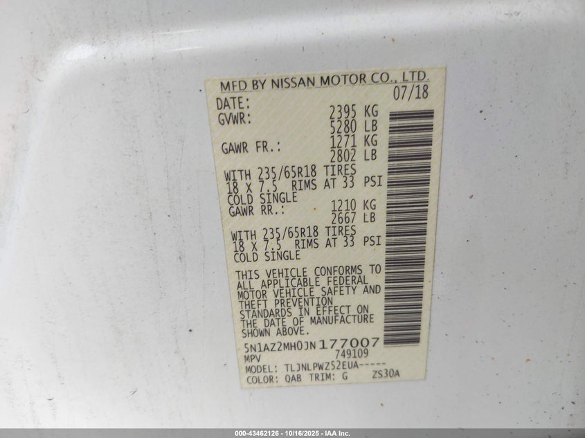 2018 NISSAN MURANO S 5N1AZ2MH0JN177007