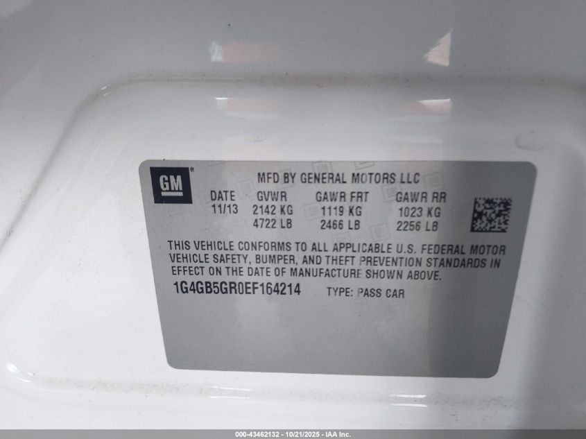 2014 Buick Lacrosse Leather Group VIN: 1G4GB5GR0EF164214 Lot: 43462132