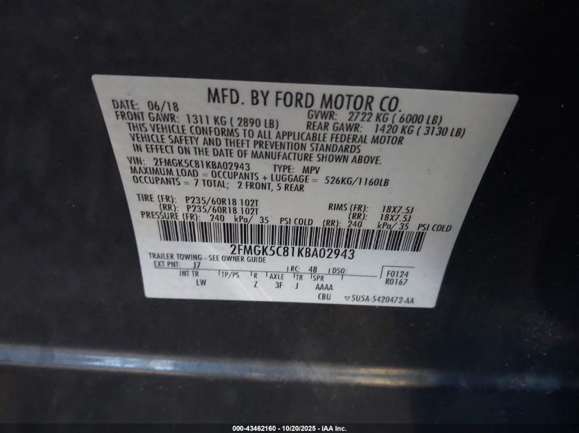 2019 Ford Flex Sel VIN: 2FMGK5C81KBA02943 Lot: 43462160