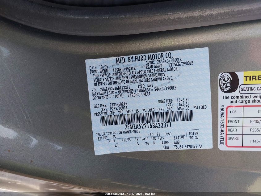 2006 Ford Freestar Sel VIN: 2FMZA52216BA23371 Lot: 43462164