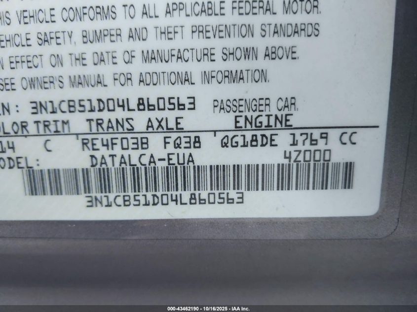 2004 Nissan Sentra 1.8 VIN: 3N1CB51D04L860563 Lot: 43462190