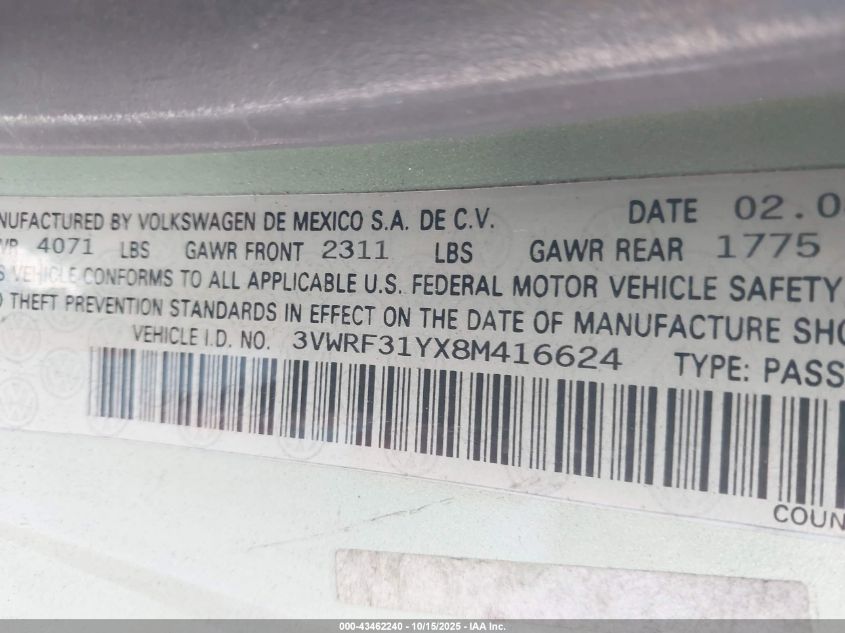 2008 Volkswagen New Beetle Se VIN: 3VWRF31YX8M416624 Lot: 43462240