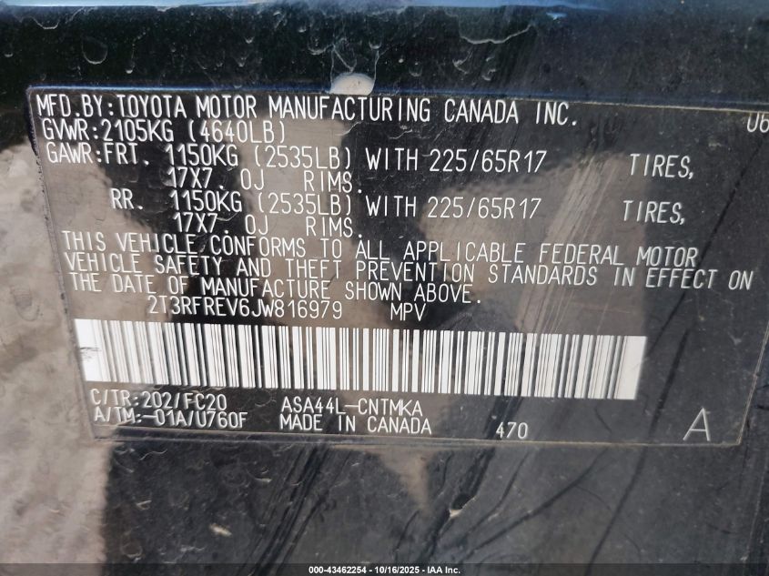 2018 Toyota Rav4 Xle VIN: 2T3RFREV6JW816979 Lot: 43462254