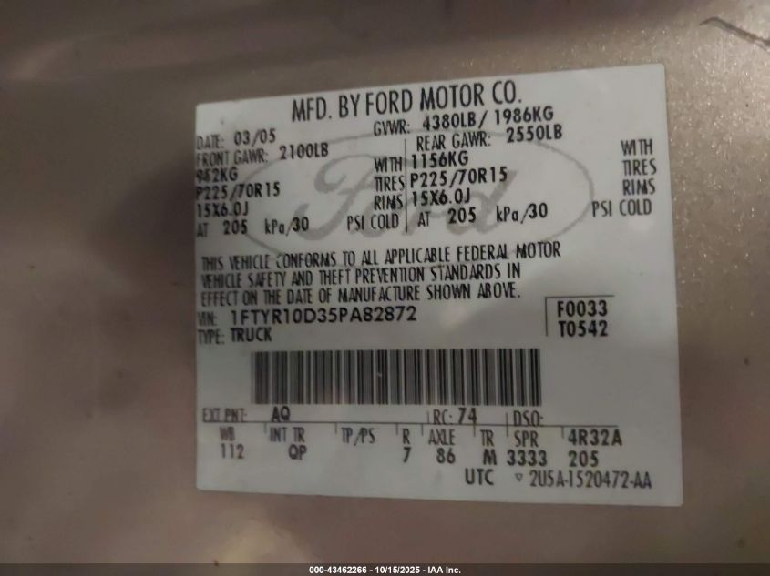 2005 Ford Ranger Xl/Xls/Xlt VIN: 1FTYR10D35PA82872 Lot: 43462266