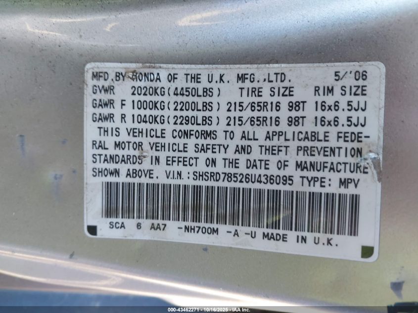 2006 Honda Cr-V Lx VIN: SHSRD78526U436095 Lot: 43462271