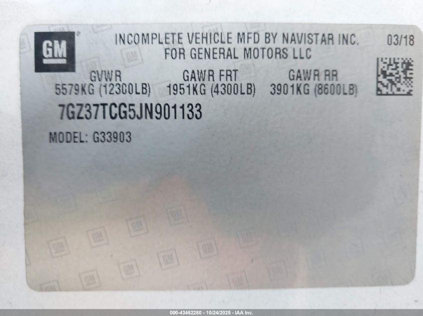 2018 GMC Savana Cutaway Work Van VIN: 7GZ37TCG5JN901133 Lot: 43462280