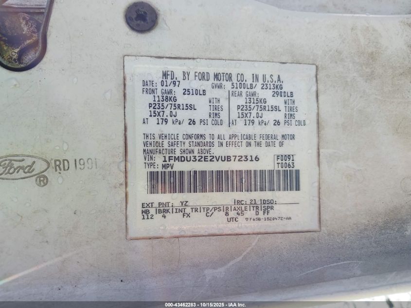 1997 Ford Explorer Eddie Bauer/Limited/Xl/Xlt VIN: 1FMDU32E2VUB72316 Lot: 43462283