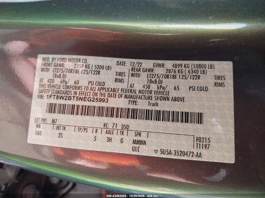 2022 Ford F-250 Xlt VIN: 1FT8W2BT5NEG25993 Lot: 43462288