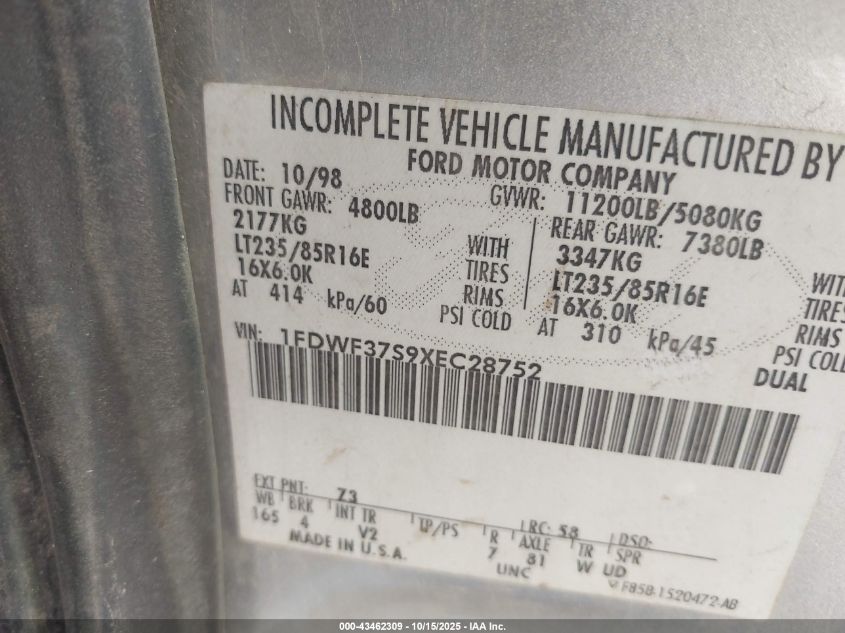1999 Ford F-350 Lariat/Xl/Xlt VIN: 1FDWF37S9XEC28752 Lot: 43462309