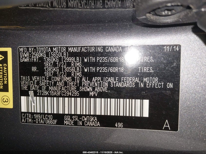 2015 Lexus Rx 350 VIN: 2T2BK1BA9FC294295 Lot: 43462315