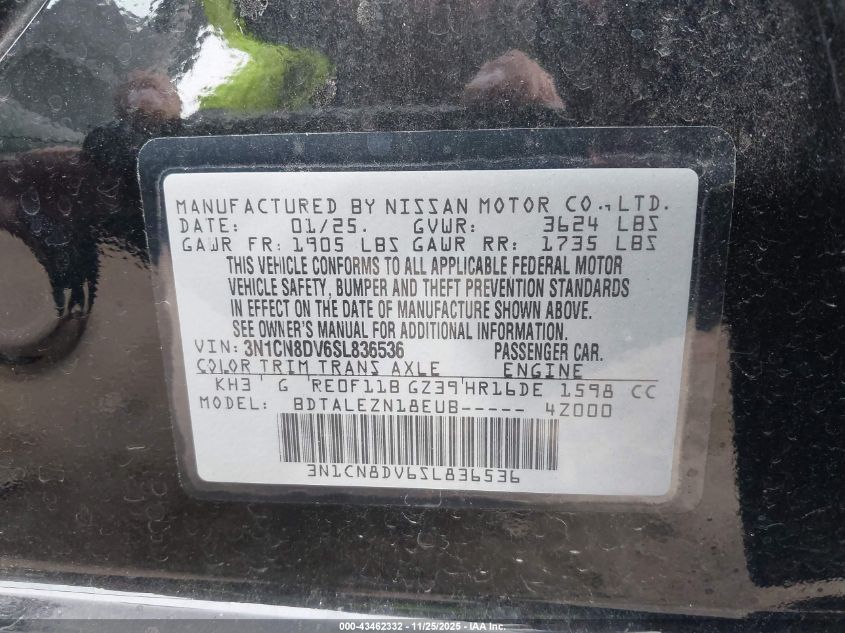 2025 Nissan Versa 1.6 S VIN: 3N1CN8DV6SL836536 Lot: 43462332