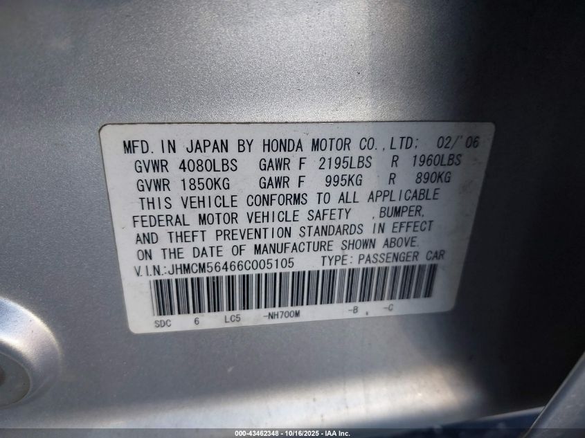 2006 Honda Accord 2.4 Lx VIN: JHMCM56466C005105 Lot: 43462348