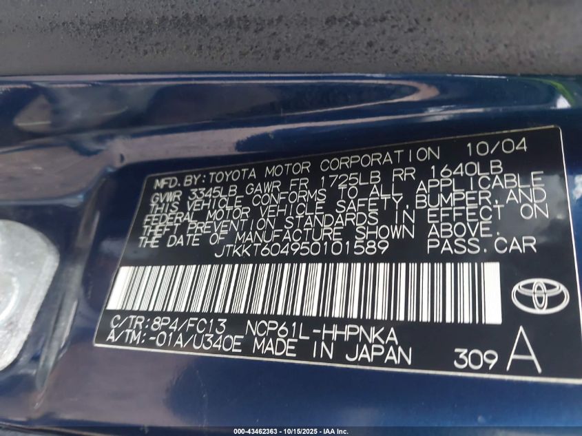 2005 Scion Xa VIN: JTKKT604950101589 Lot: 43462363