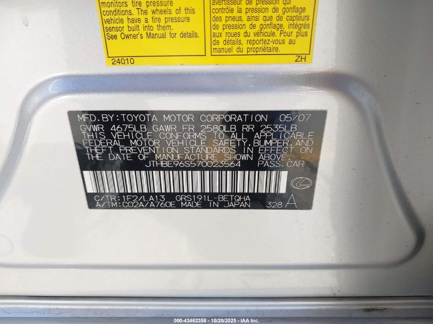 2007 Lexus Gs 350 VIN: JTHBE96S570023564 Lot: 43462358