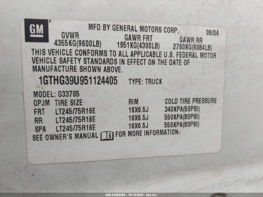 2005 GMC Savana Standard VIN: 1GTHG39U951124405 Lot: 43462368