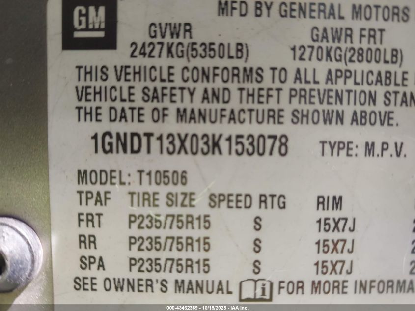 2003 Chevrolet Blazer Ls VIN: 1GNDT13X03K153078 Lot: 43462369