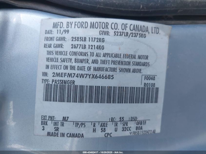 2000 Mercury Grand Marquis Gs VIN: 2MEFM74W7YX646685 Lot: 43462417