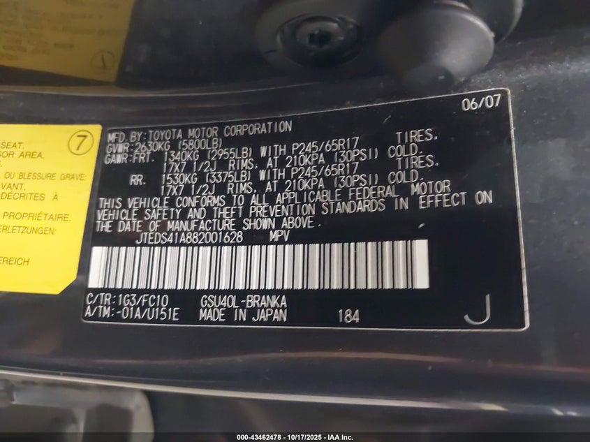 JTEDS41A882001628 2008 TOYOTA HIGHLANDER photo no. 9