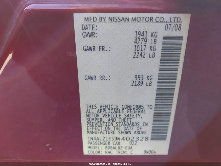 2009 Nissan Altima 2.5 S VIN: 1N4AL21E59N402328 Lot: 43462506