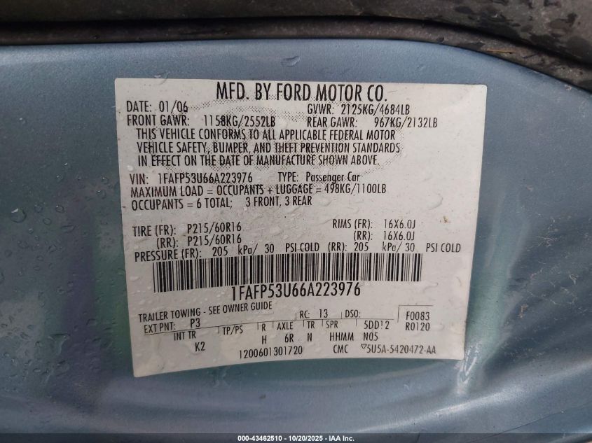 2006 Ford Taurus Se VIN: 1FAFP53U66A223976 Lot: 43462510