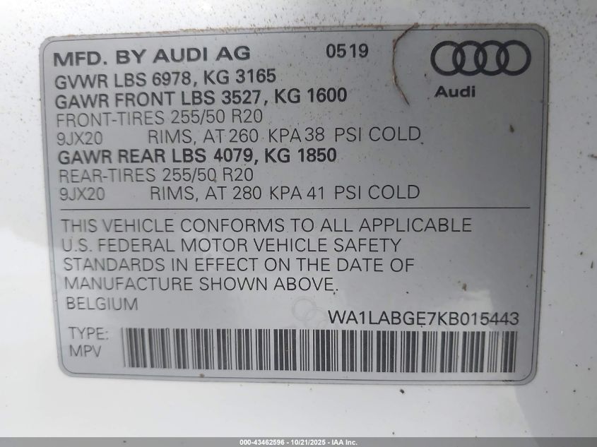 2019 Audi E-Tron Premium Plus VIN: WA1LABGE7KB015443 Lot: 43462596