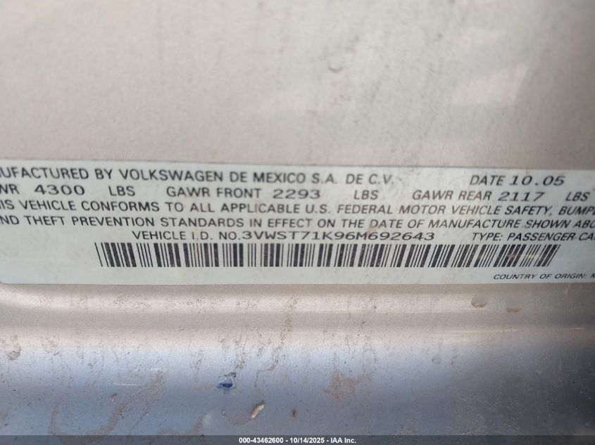 2006 Volkswagen Jetta Tdi VIN: 3VWST71K96M692643 Lot: 43462600