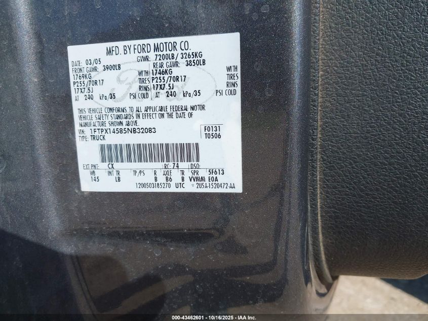 2005 Ford F-150 Fx4/Lariat/Xl/Xlt VIN: 1FTPX14585NB32083 Lot: 43462601
