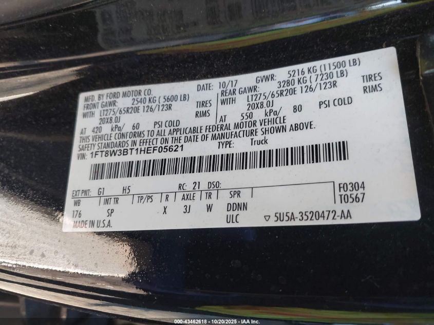 2017 Ford F-350 King Ranch VIN: 1FT8W3BT1HEF05621 Lot: 43462618