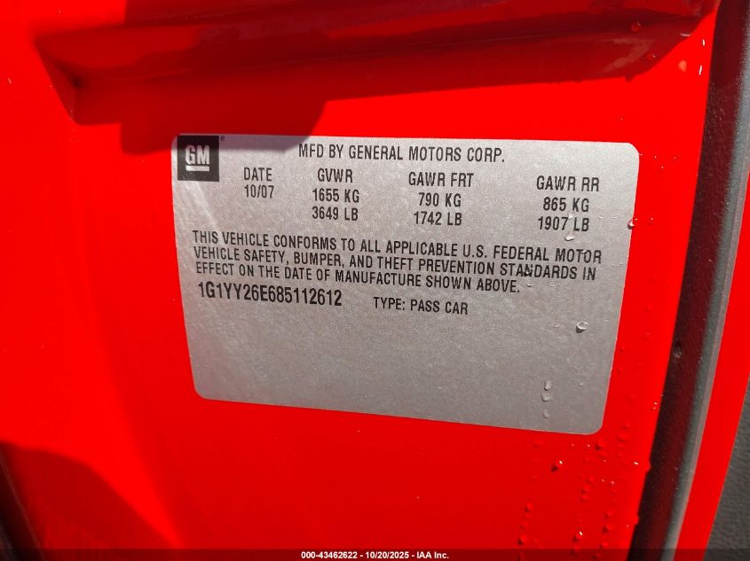 2008 Chevrolet Corvette Z06 Hardtop VIN: 1G1YY26E685112612 Lot: 43462622