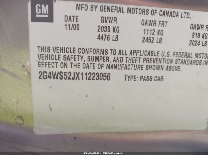 2G4WS52JX11223056 2001 BUICK CENTURY photo no. 9