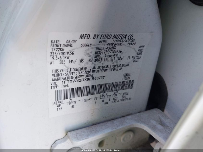 2008 Ford F-450 Lariat VIN: 1FTXW42RX8EB63737 Lot: 43462677