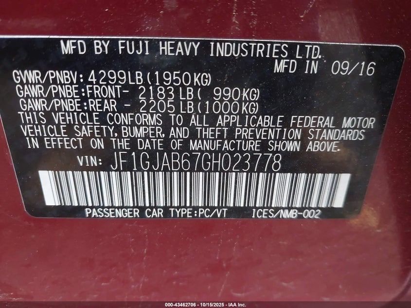 2016 SUBARU IMPREZA 2.0I PREMIUM JF1GJAB67GH023778