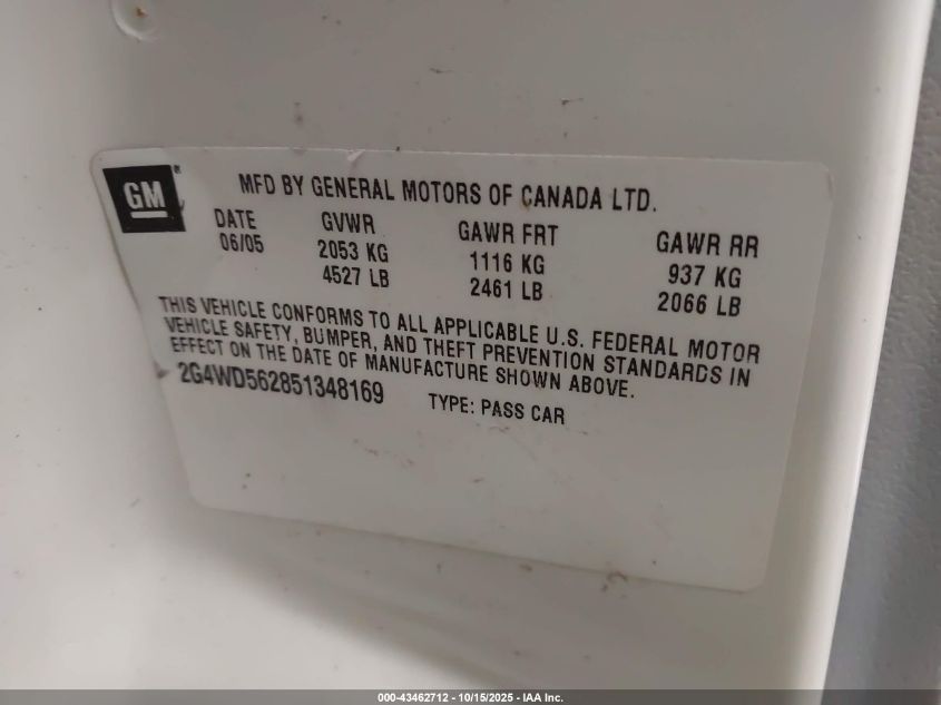 2005 Buick Lacrosse Cxl VIN: 2G4WD562851348169 Lot: 43462712