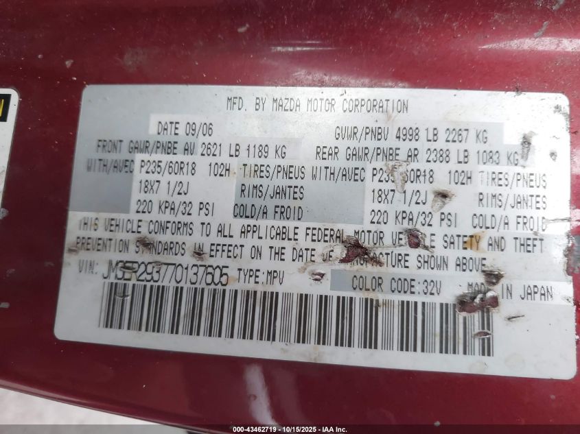 2007 Mazda Cx-7 Grand Touring VIN: JM3ER293770137605 Lot: 43462719