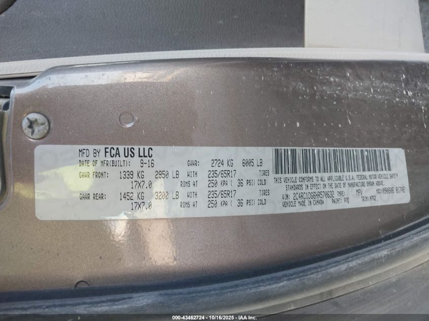 2017 Chrysler Pacifica Touring VIN: 2C4RC1DG6HR570632 Lot: 43462724