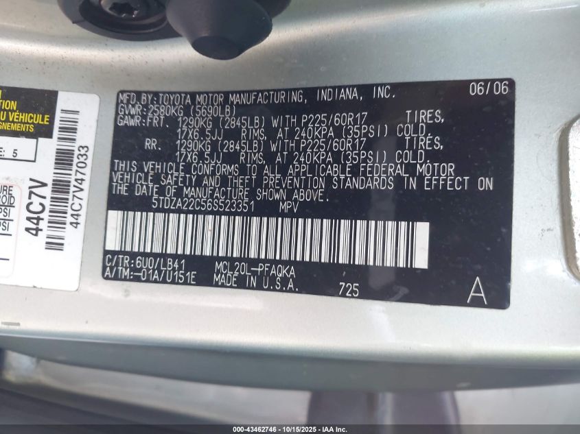 2006 Toyota Sienna Xle VIN: 5TDZA22C56S523351 Lot: 43462746