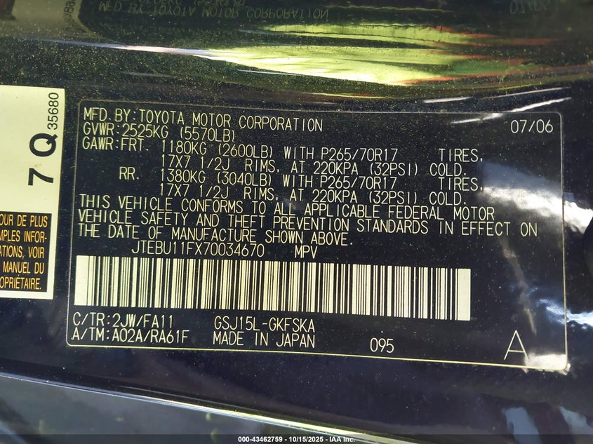 2007 Toyota Fj Cruiser VIN: JTEBU11FX70034670 Lot: 43462759