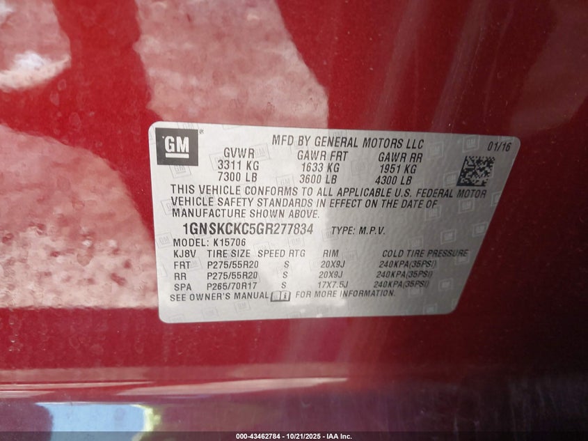 2016 CHEVROLET TAHOE LTZ 1GNSKCKC5GR277834