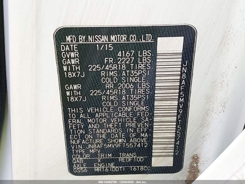 2015 Nissan Juke Nismo VIN: JN8AF5MV9FT557412 Lot: 43462798