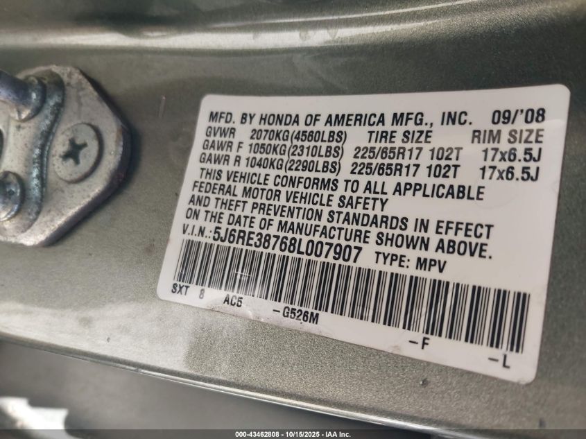 2008 Honda Cr-V Ex-L VIN: 5J6RE38768L007907 Lot: 43462808
