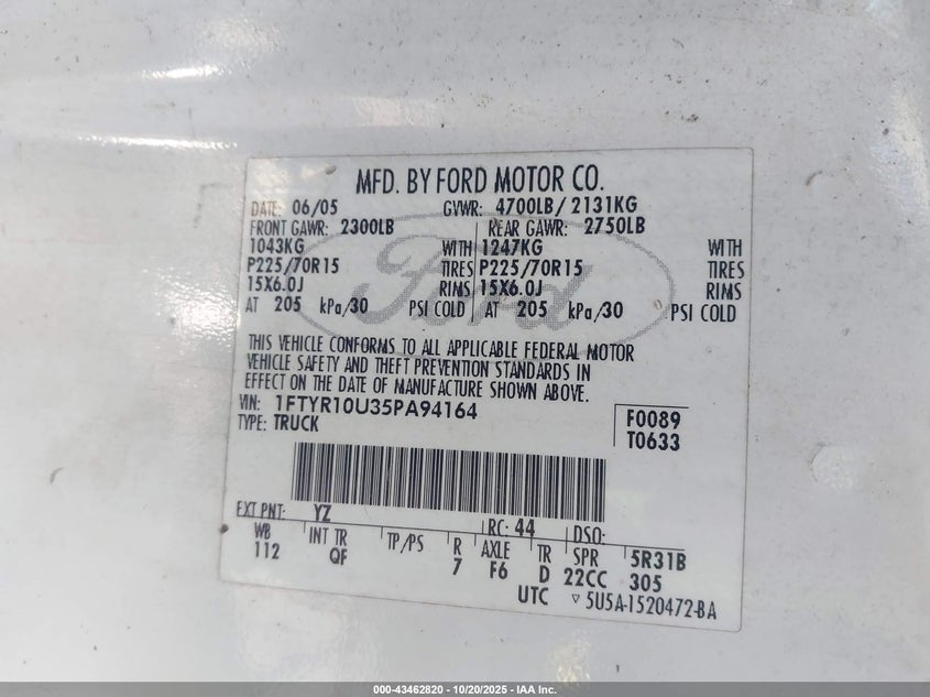 1FTYR10U35PA94164 2005 FORD RANGER photo no. 9
