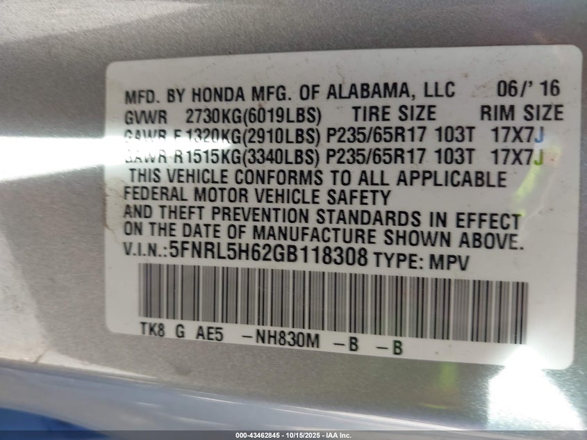 5FNRL5H62GB118308 2016 HONDA ODYSSEY photo no. 9