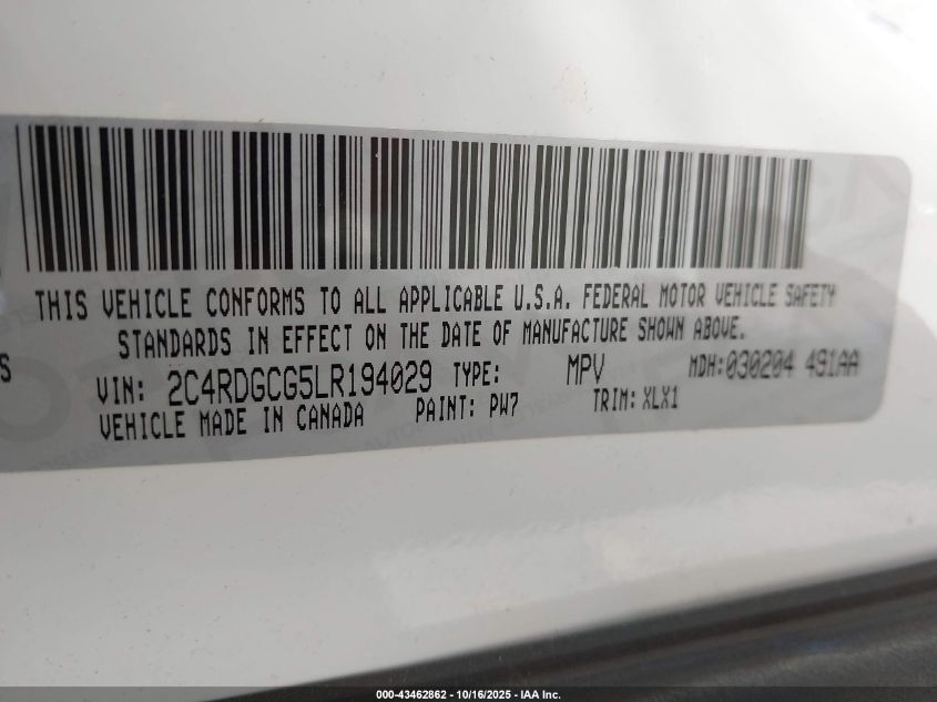 2020 Dodge Grand Caravan Sxt VIN: 2C4RDGCG5LR194029 Lot: 43462862