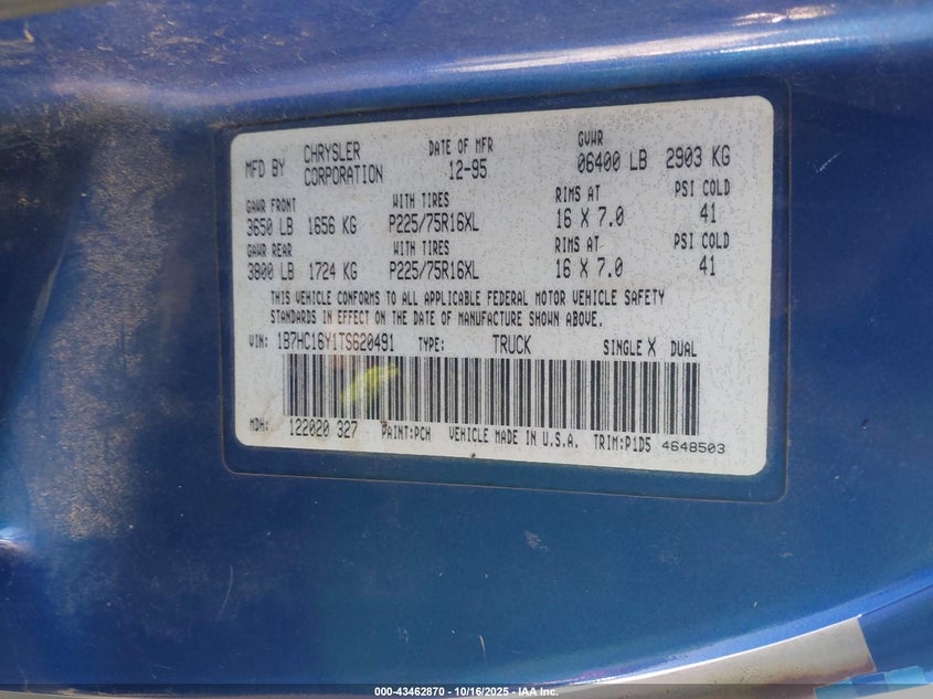 1B7HC16Y1TS620491 1996 DODGE RAM photo no. 9